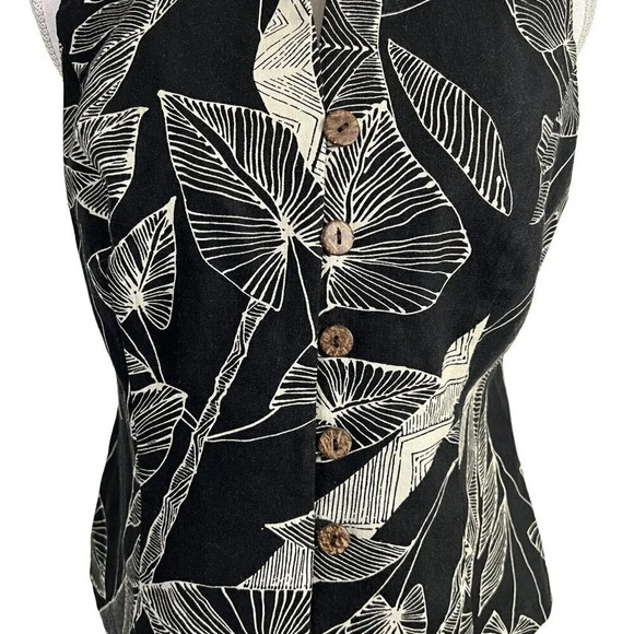 Perceptions Black and Cream Leaf Pattern Button Up Sleeveless Top Size 10 Petite - Picture 5 of 7
